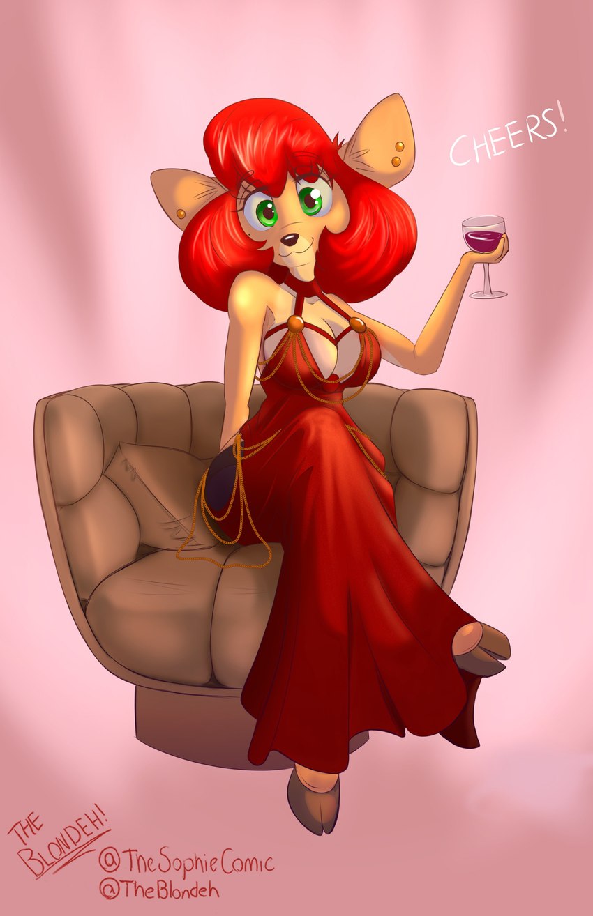 alcohol anthro arms_down beverage big_breasts breasts clothed clothing dress ear_piercing eyelashes female fluffy fluffy_hair fluffy_tail gold_ear_piercing green_eyes hair huge_breasts legwear long_hair nightgown pantsless piercing raised_arms red_hair sitting smile smiling_at_viewer solo stockings tail text thick_thighs wide_hips wine the_blondeh sophie_(forest_fever) deer mammal absurd_res english_text hi_res