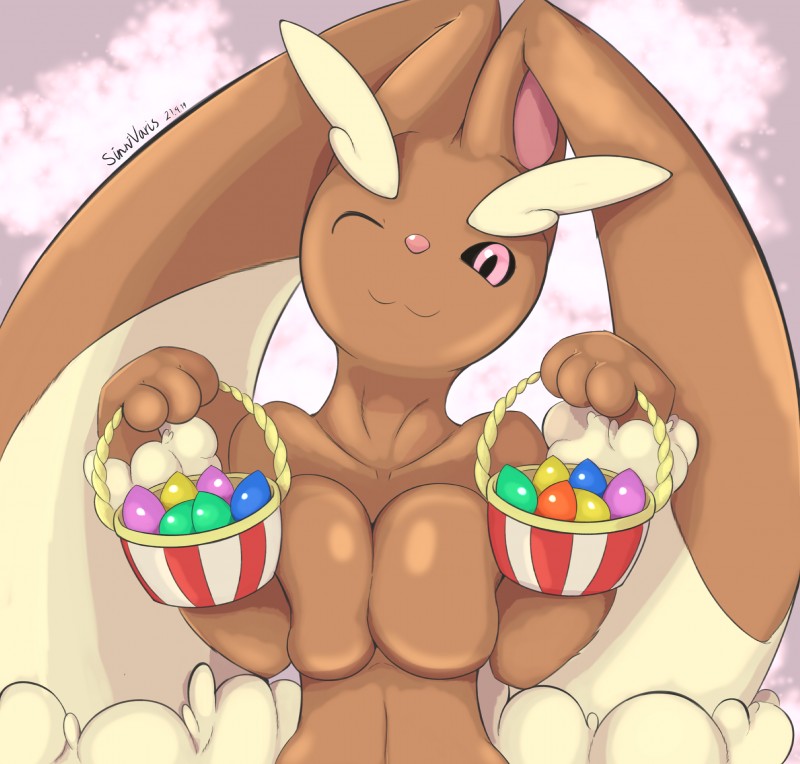 anthro basket big_breasts biped breasts container egg female holidays one_eye_closed simple_background solo wink lumihanta tohtori_crow easter nintendo pokemon generation_4_pokemon lagomorph lopunny mammal pokemon_(species) 2019 absurd_res hi_res