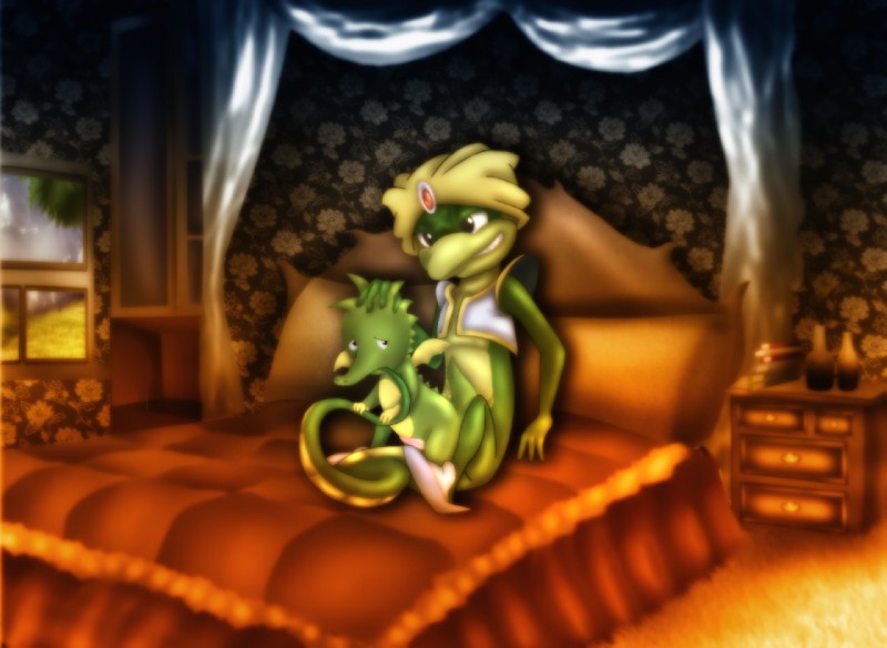 anthro bed duo furniture inside male male/male prince royalty sex amegared tabaluga_(series) scheherazade tabaluga scalie