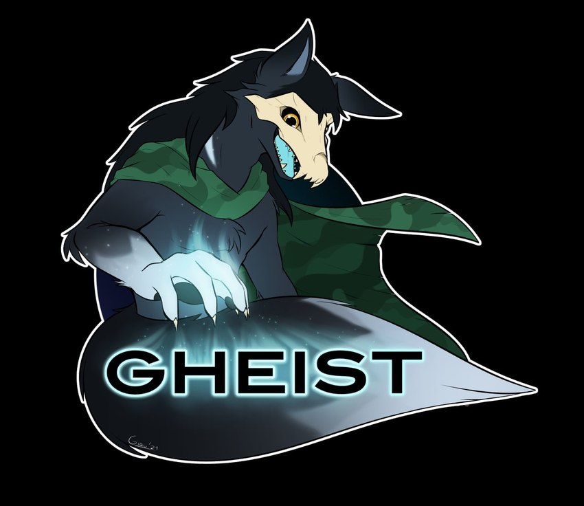 anthro badge black_hair blue_tongue camo camo_clothing camo_print cape claws clothing fur glowing glowing_hand green_cape green_clothing grey_body grey_fur hair looking_at_viewer male open_mouth orange_eyes pattern_clothing solo tongue giru_(artist) gheist skulldog_(species)