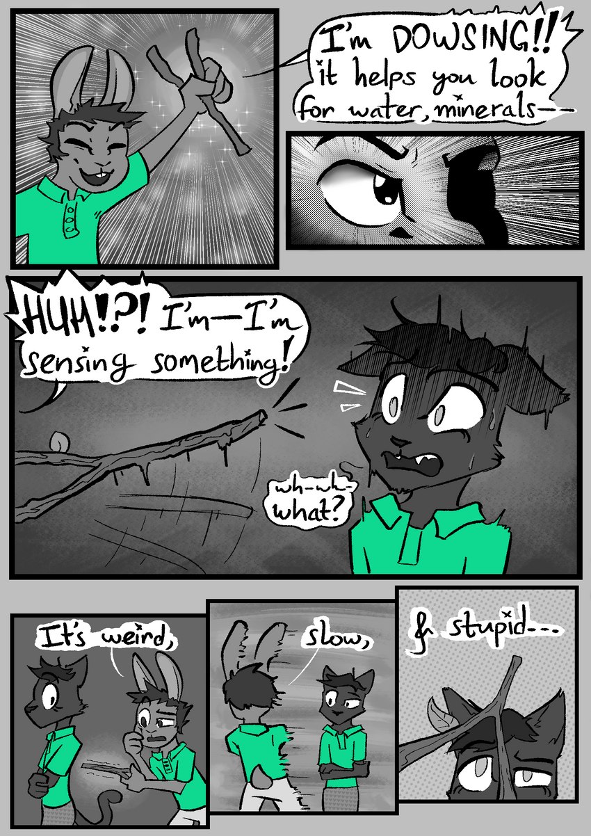 anthro black_body clothed clothing dialogue dowsing_rod female fur hair male open_mouth shaking shivering simple_background text lost_andsafe halcyon_(series) herba_(halcyon) soot_(halcyon) felid lagomorph leporid mammal rabbit absurd_res comic digital_media_(artwork) english_text hi_res monochrome