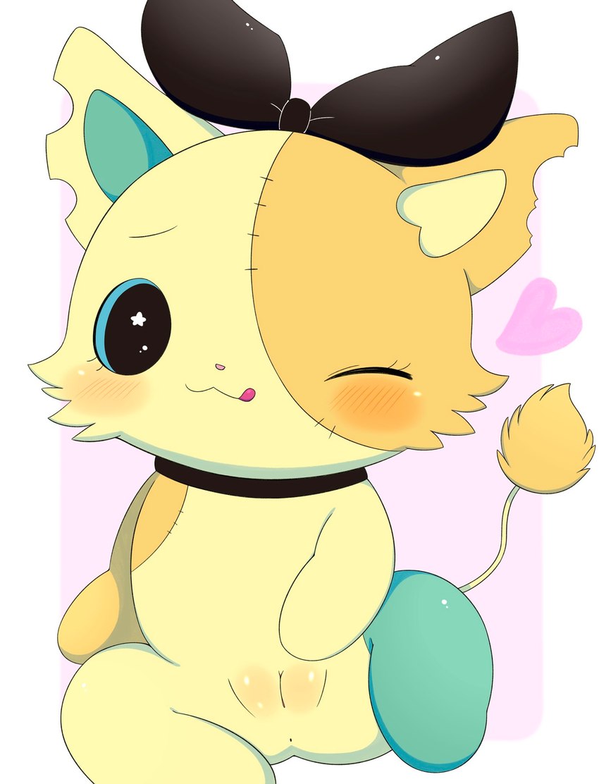 anthro anus black_bow blush bow_ribbon collar female fur genitals heart_symbol one_eye_closed pussy solo tail tail_tuft tongue tongue_out tuft wink yellow_body yellow_fur azuo beatcats sanrio sega sega_fave rico_(beatcats) hi_res