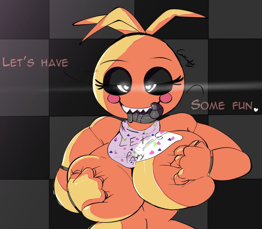 anthro beakless bedroom_eyes bib big_breasts bodily_fluids breast_grab breasts dialogue female hand_on_breast heart_eyes heart_pupils heart_symbol lustful_eyes machine narrowed_eyes non-mammal_breasts saliva seductive sharp_teeth solo teeth text tongue tongue_out castinly five_nights_at_freddy's five_nights_at_freddy's_2 scottgames toy_chica_(fnaf) animatronic avian bird chicken galliform gallus_(genus) phasianid robot 2023 absurd_res digital_media_(artwork) english_text hi_res