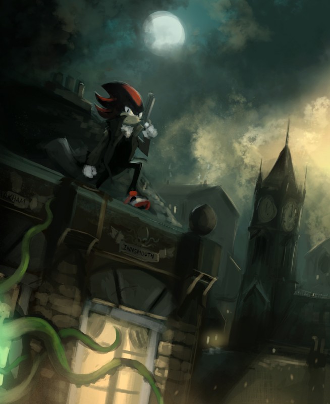 anthro cloak clock clocktower clothed clothing cloud detailed_background full_moon gun handgun holding_gun holding_object holding_ranged_weapon holding_weapon looking_at_viewer male moon outside pistol ranged_weapon solo tentacles text weapon window mothmandraws cthulhu_mythos h._p._lovecraft sega sonic_the_hedgehog_(series) shadow_the_hedgehog eulipotyphlan hedgehog mammal 2017 absurd_res crossover english_text hi_res