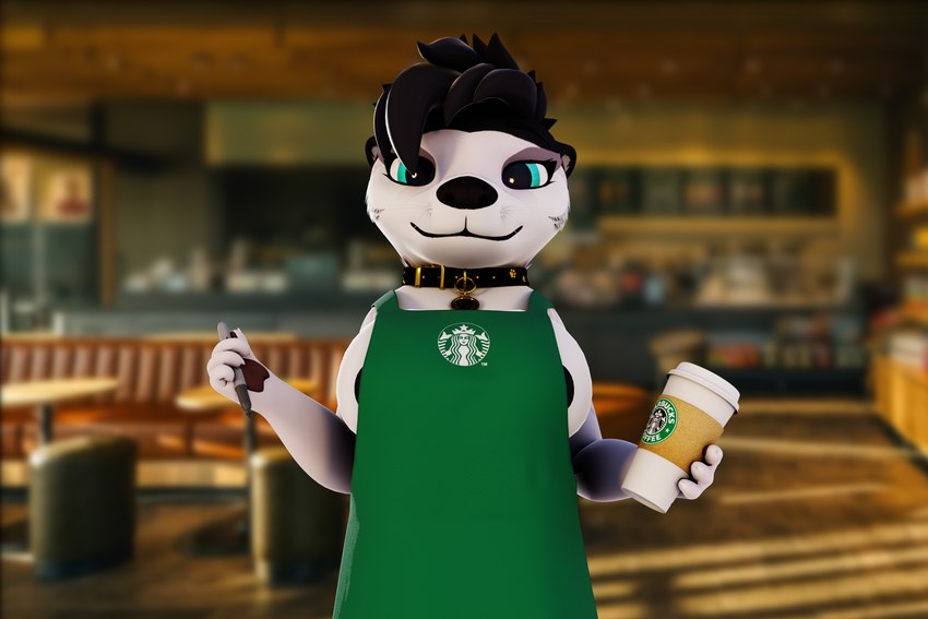 apron areola areola_slip barista breasts clothing coffee_cup collar container cup female hair marker solo xxhagdagxx starbucks awtter mammal mustelid otter 3d_(artwork) absurd_res digital_media_(artwork) hi_res