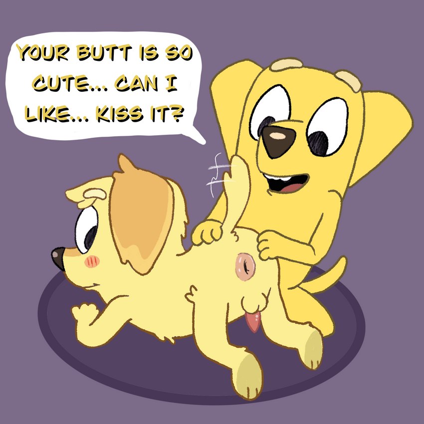 anthro balls blush dialogue duo genitals hand_on_butt male male/male penis simple_background tail tail_motion tailwag text young young_anthro young_male alonelyopossum bluey_(series) chucky_(bluey) lucky_(bluey) bird_dog canid canine canis domestic_dog hunting_dog labrador mammal retriever 1:1 english_text hi_res brother_(lore) brothers_(lore) incest_(lore) sibling_(lore)