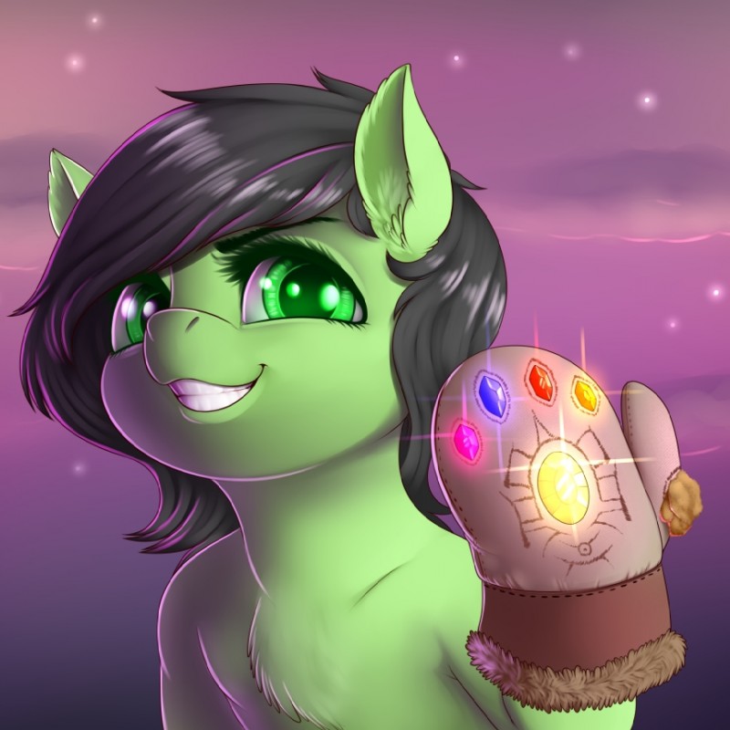 anthro chest_tuft eyelashes fur green_body green_eyes green_fur grin infinity_gauntlet looking_at_viewer smile solo teeth tuft dankflank hasbro my_little_pony filly_anon equid equine horse mammal pony 1:1 2019 digital_media_(artwork)