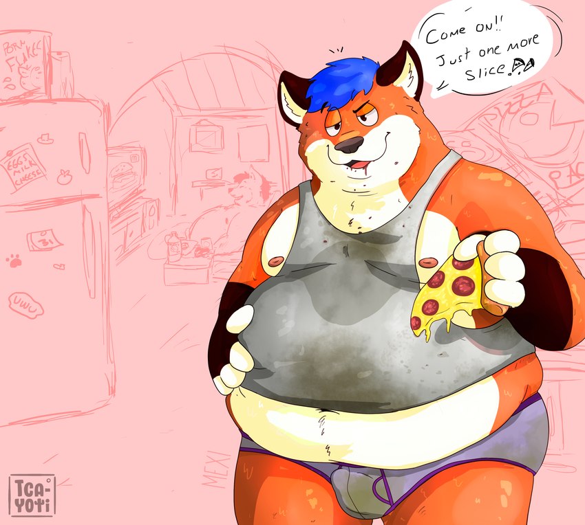 anthro belly biped bulge clothed clothing dirty dirty_clothing feederism food gainer male male_anthro moobs musk nipples obese obese_anthro obese_male overweight overweight_anthro overweight_male pizza shirt smelly solo tank_top topwear underwear t_cayoti canid canine fox mammal absurd_res digital_drawing_(artwork) digital_media_(artwork) hi_res shaded