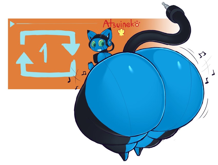 anthro big_butt biped butt huge_butt hyper hyper_butt looking_back machine male rear_view simple_background smile solo thick_thighs wide_hips atsuineko domestic_cat felid feline felis mammal robot 2023 digital_media_(artwork) hi_res