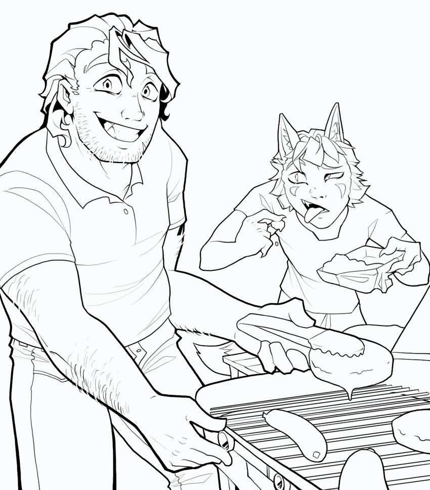 claws clothed clothing dipstick_tail duo food fully_clothed grill looking_at_viewer male markings meat smile tail tail_markings tongue tongue_out gatobob boyfriend_to_death ren_hana strade_(gatobob) animal_humanoid beastkin_(gatobob) canid canid_humanoid canine canine_humanoid fox_humanoid human humanoid mammal mammal_humanoid hi_res line_art monochrome