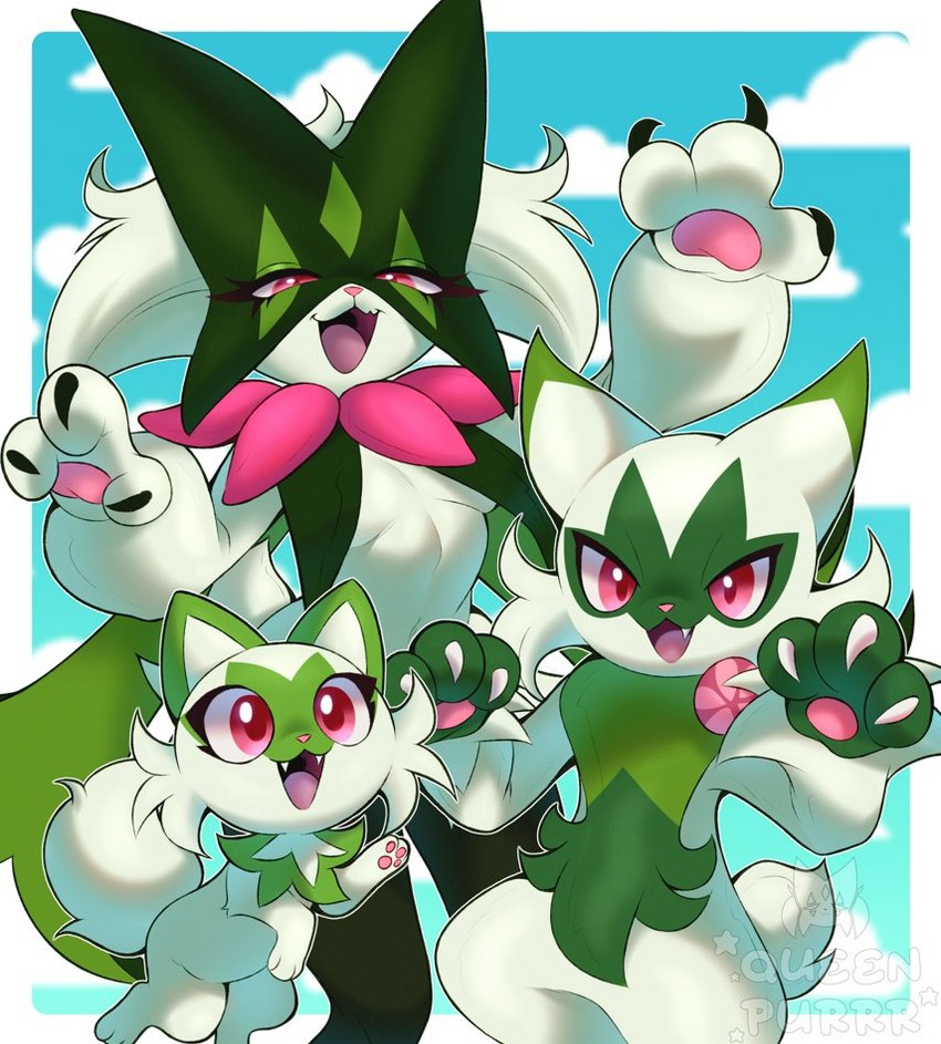 anthro breasts claws female feral green_body group red_eyes small_breasts trio purrynx queenpurr nintendo pokemon queen_the_meowscarada felid feline floragato generation_9_pokemon mammal meowscarada pokemon_(species) sprigatito