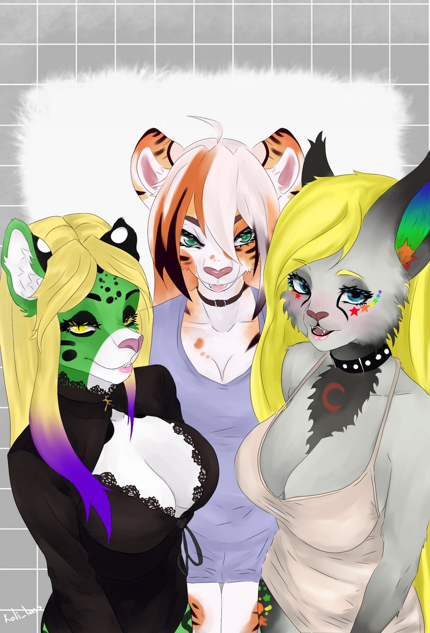 anthro big_breasts blonde_hair blue_eyes breasts calico_pattern cleavage_cutout clothed clothing collar cutout ear_tuft female fur green_eyes group hair highlights_(coloring) lips looking_at_viewer medium_breasts multicolored_body multicolored_fur no_bra pink_lips pink_nose pink_tongue purple_highlights skimpy spots stripes tongue trio tuft yellow_eyes koli_lass cherry_(racerdragon) pine_(racerdragon) vala_(fzzr) clouded_leopard felid feline lynx mammal pantherine tiger 2024 digital_media_(artwork) hi_res signature