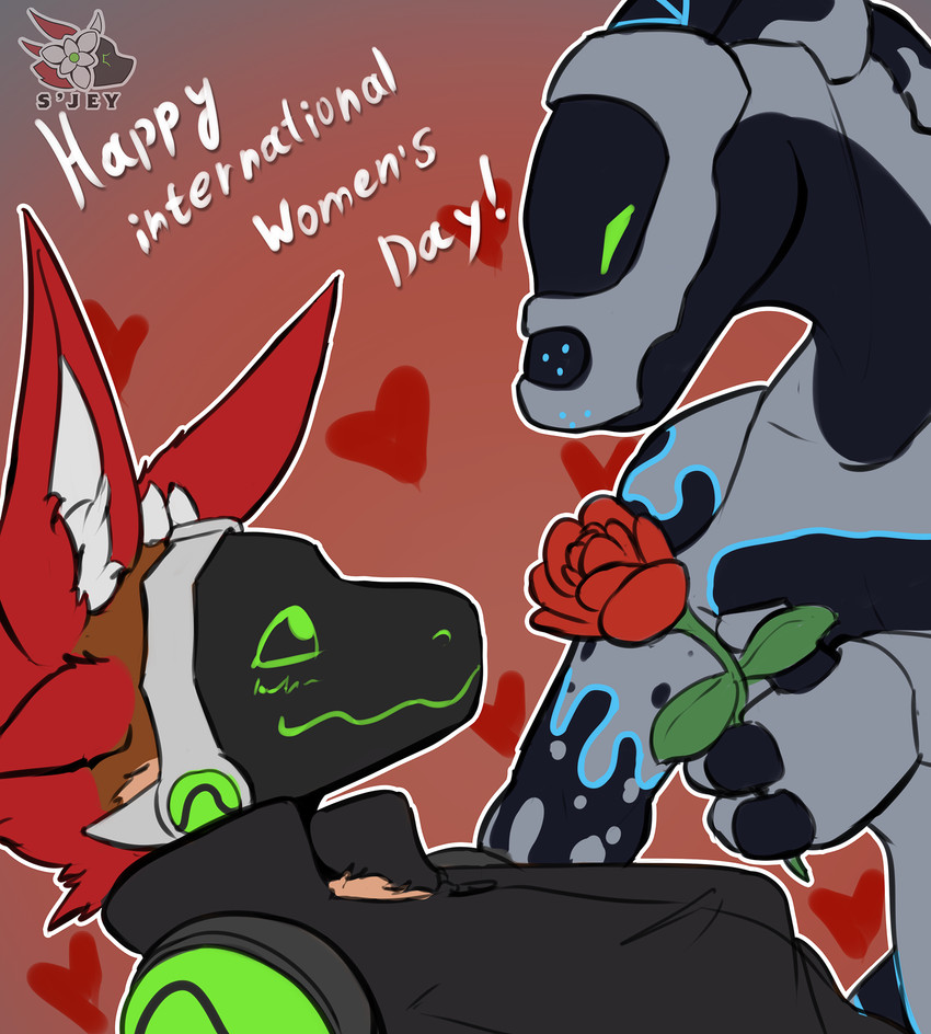 anthro blush blush_lines cybernetics duo flower gift machine plant protogen_face protogen_visor smile smiling_at_another smiling_at_each_other smiling_at_partner sjey_arts international_women's_day harry_the_synth sjey_(sjey_arts) android cyborg protogen robot scalie synth_(vader-san) hi_res