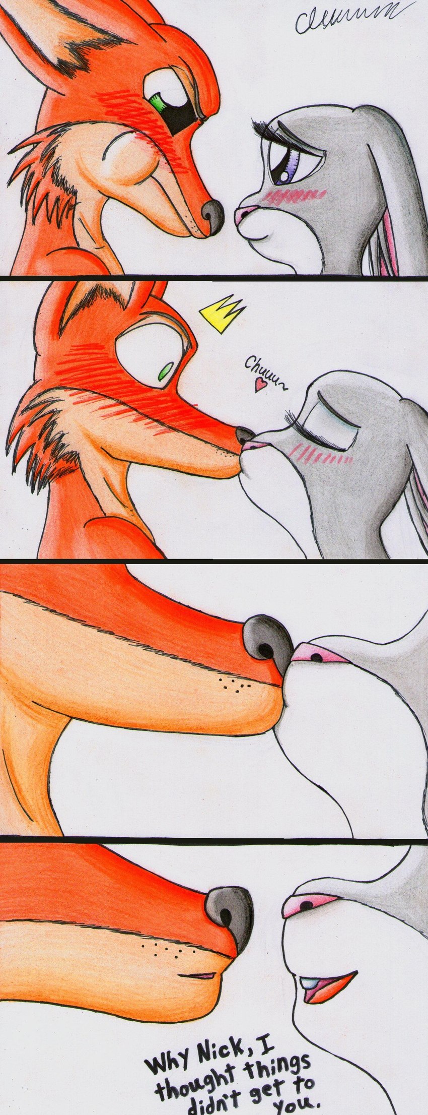 ambiguous_gender anthro black_nose blush dialogue eyes_closed female green_eyes heart_symbol kissing male male/female pink_nose pouting purple_eyes simple_background surprise text white_background the1king disney zootopia judy_hopps nick_wilde canid canine fox lagomorph leporid mammal rabbit red_fox true_fox 2016 absurd_res comic english_text hi_res