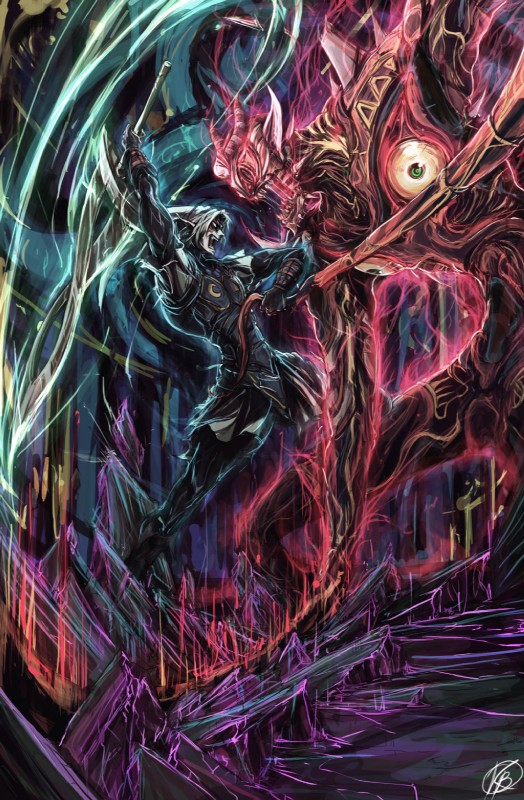 armor duo eye_contact fight final_boss jumping looking_at_another male melee_weapon solo_focus sword tentacles weapon kurkoboltsi majora's_mask nintendo the_legend_of_zelda fierce_deity_link link majora majora's_wrath monster colorful_theme digital_media_(artwork) hi_res sketch