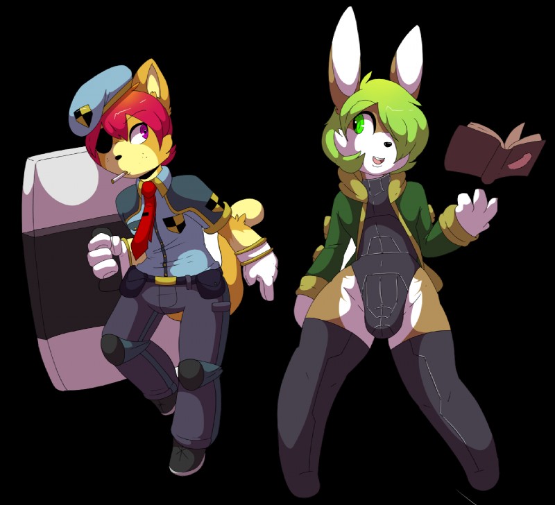 anthro black_background book cigarette clothed clothing duo femboy green_hair hair hat headgear headwear male riot_shield shield simple_background tobacco munkeesgomu lotte_(munkeesgomu) munks_(munkeesgomu) domestic_cat felid feline felis lagomorph leporid mammal rabbit