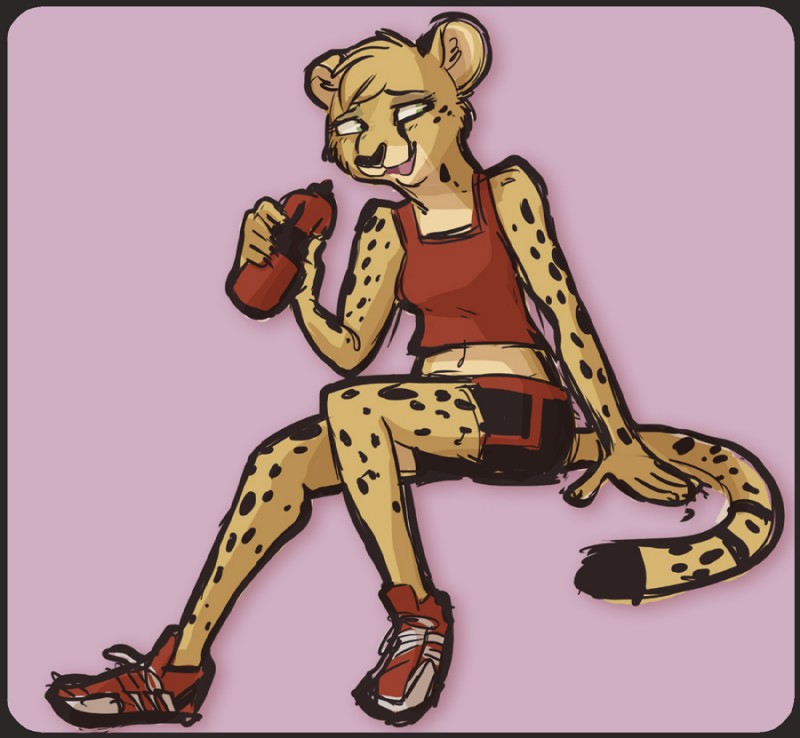 anthro biped bottle bottomwear breasts clothed clothing container female footwear fur green_eyes open_mouth shirt shoes shorts simple_background sitting solo spots tank_top topwear water_bottle yellow_body yellow_fur ricket cheetah felid feline mammal 2013