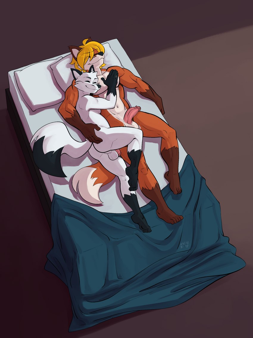 anthro backsack balls bed black_body black_fur blonde_hair brown_body brown_fur butt cuddling duo eyes_closed flaccid fur furniture genitals hair male muscular nude orange_body orange_fur penis smile white_body white_fur naughtyjester kyle_driver tredain canid canine fox mammal absurd_res hi_res