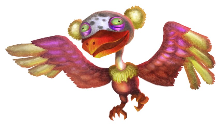 ambiguous_gender beak double_bun enemy eye_bags feathered_wings feathers feet feral green_eyes green_sclera grey_spots long_neck markings neck_tuft orange_beak pupils purple_body purple_feathers simple_background smile solo spots spotted_body talons toes tuft white_background wings brendan_milos majora's_mask nintendo the_legend_of_zelda avian bird takkuri_(majora's_mask) 2015 digital_media_(artwork) digital_painting_(artwork)