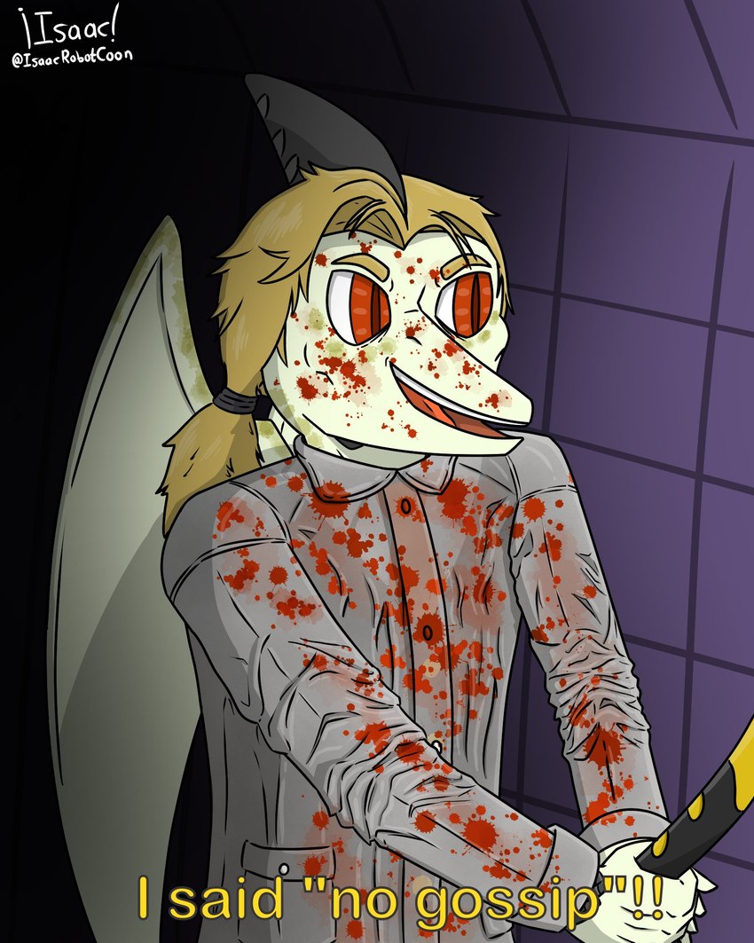 anthro axe blonde_hair blood bodily_fluids clothing coat detailed_background dialogue dress_shirt fingers hair head_crest inside killing long_hair male open_mouth orange_eyes raincoat scales shirt smile snout solo tan_body tan_scales teeth text tongue topwear wings isaacrobotcoon american_psycho cavemanon_studios i_wani_hug_that_gator iadakan dinosaur prehistoric_species pterodactylus pterosaur reptile scalie 2023 4:5 artist_name digital_drawing_(artwork) digital_media_(artwork) english_text hi_res signature