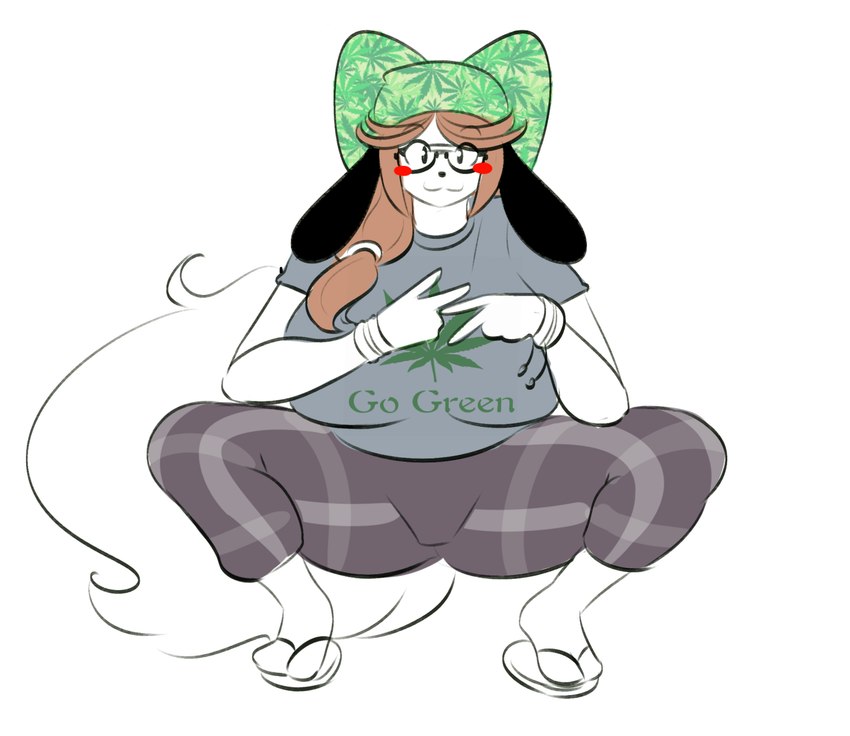 anthro big_breasts biped blush blush_stickers breasts brown_hair closed_smile clothed clothed_anthro clothed_female clothing crouching drugs eyebrow_through_hair eyebrows eyewear female footwear front_view fur gesture glasses hair hand_gesture huge_breasts looking_at_viewer marijuana marijuana_leaf mouth_closed sandals shoes simple_background smile solo text translucent translucent_hair v_sign white_background white_body white_fur theycallhimcake h3h3productions holly_applebee canid canine canis domestic_dog mammal 2017 digital_drawing_(artwork) digital_media_(artwork) english_text hi_res sketch