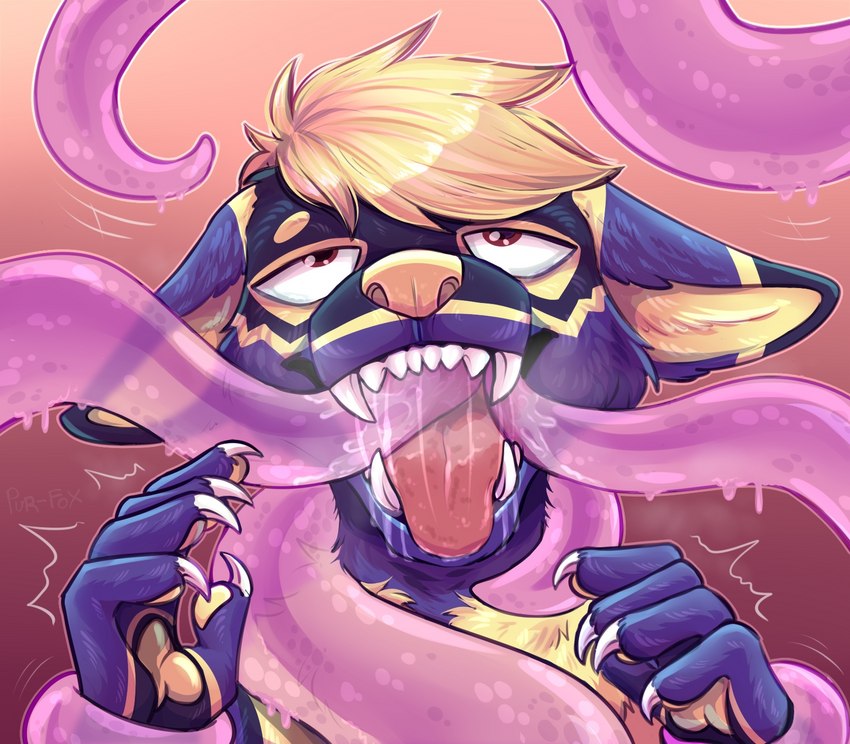 5_fingers ahegao ambiguous_gender anthro bodily_fluids breath dripping eye_roll fingers forced fur fur_markings gradient_background hair half-closed_eyes looking_pleasured markings multiple_insertions narrowed_eyes open_mouth oral oral_penetration penetration purple_body purple_fur restrained restrained_by_tentacles saliva saliva_drip saliva_on_tongue saliva_string shaking simple_background solo submissive tan_body tan_fur teeth tentacle_around_neck tentacle_in_mouth tentacle_penetration tentacles tongue translucent translucent_tentacles trembling pur-fox goober_mcdoober canid canine canis jackal mammal digital_media_(artwork) hi_res maleherm_(lore)