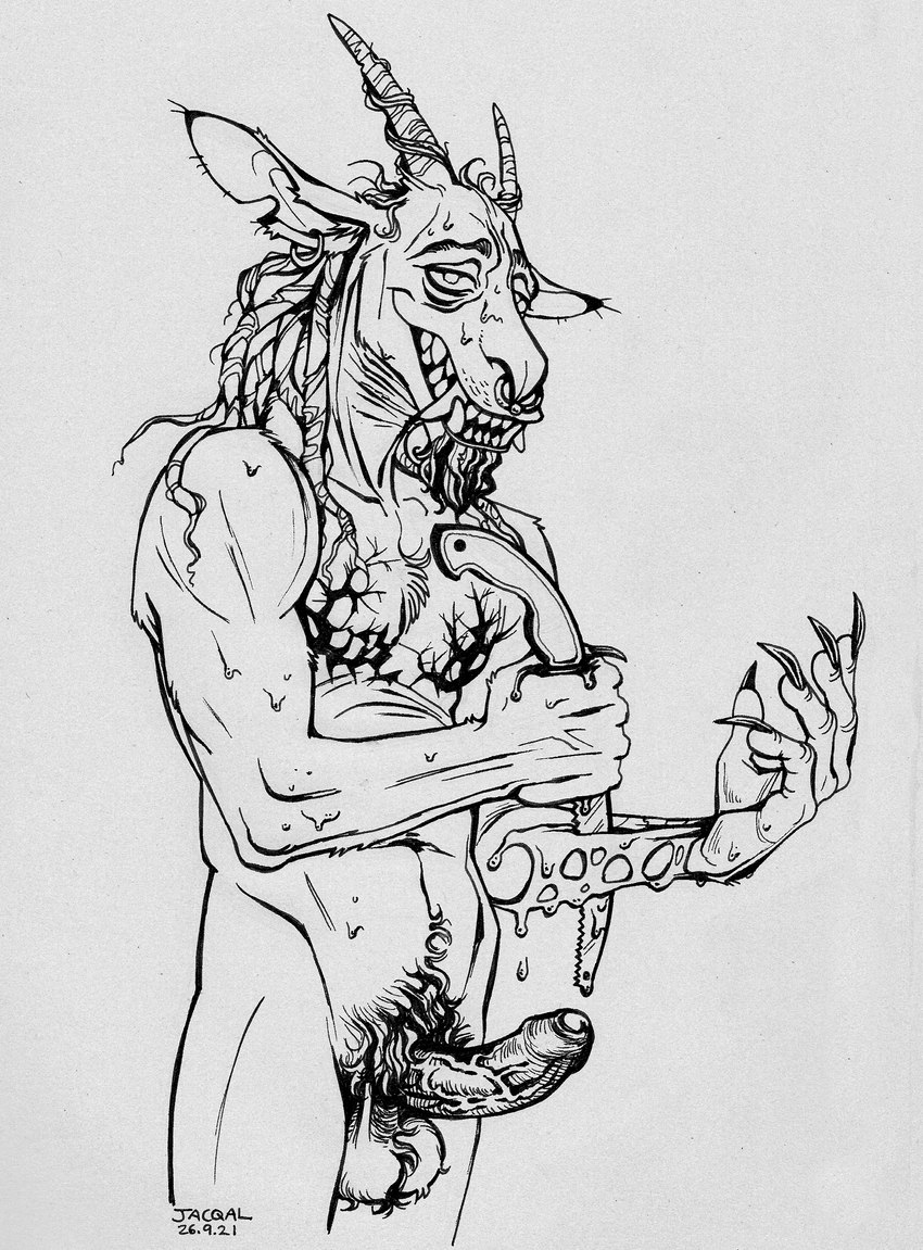 anthro balls big_hands big_penis big_teeth blade blood blood_drip bodily_fluids body_hair chin_tuft claws cutting_self dreadlocks dripping ear_piercing erection facial_hair facial_piercing facial_tuft fangs foreskin genitals goatee gore gore_focus grin hairy_balls lidded_eyes long_claws long_neck male mastectomy_scar muscular muscular_male mutilation nose_piercing nose_ring penis piercing plant pruning_blade pubes receding_hairline ring_piercing scar self-harm septum_piercing septum_ring simple_background smile solo sweat teeth tuft vein veiny_penis visibly_trans white_background jacqal iowa_(jacqal) bovid caprine dryad goat hybrid mammal 2021 absurd_res hi_res line_art monochrome story story_in_description traditional_media_(artwork) trans_(lore) trans_man_(lore)