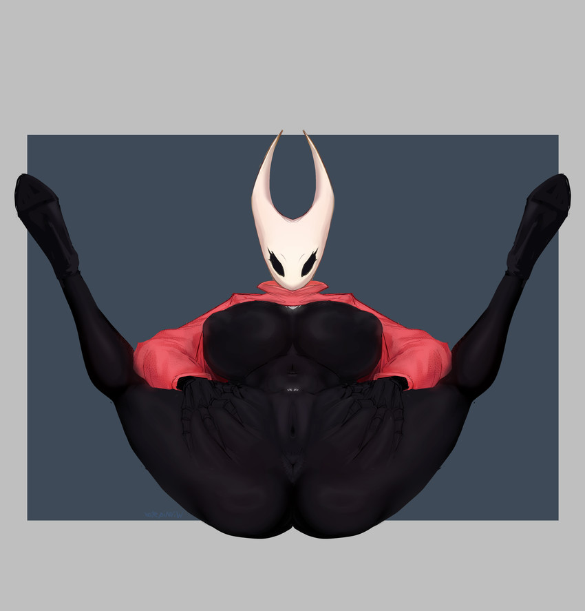 2_horns 5_fingers anthro anus big_breasts biped black_eyes breasts chest_tattoo clothing eyelashes female fingers footwear genitals high_heels horn looking_at_viewer lying nipple_outline on_back presenting shoes solo spread_legs spreading suggestive_pose tattoo vulva womb_tattoo wishiastar hollow_knight team_cherry hornet_(hollow_knight) arthropod 2025 absurd_res hi_res