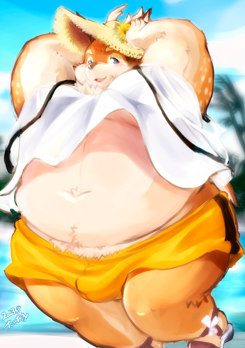 anthro antlers beach belly blue_eyes blush bottomwear brown_body brown_fur bulge clothed clothing clothing_lift fur hat headgear headwear horn male moobs navel overweight overweight_male seaside shirt shirt_lift shorts smile solo straw_hat topwear inuiookawa tamacolle kazusa deer mammal hi_res