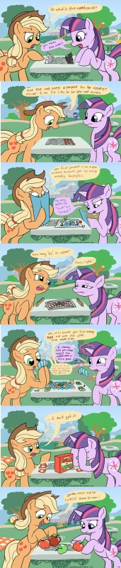 apple board_game checkers chess female food fruit horn plant text docwario friendship_is_magic hasbro my_little_pony mythology scrabble applejack_(mlp) twilight_sparkle_(mlp) equid equine horse mammal mythological_creature mythological_equine pony unicorn 2012 absurd_res comic english_text hi_res long_image tall_image