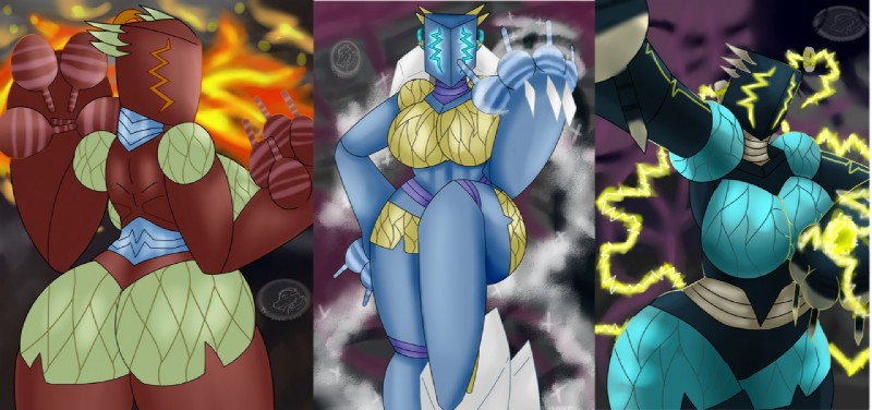 anthro blue_body blue_skin breasts butt electricity featureless_breasts female fire green_body green_skin ice red_body red_skin trigoat xenosaga perun stribog svarozic gnosis multiple_images