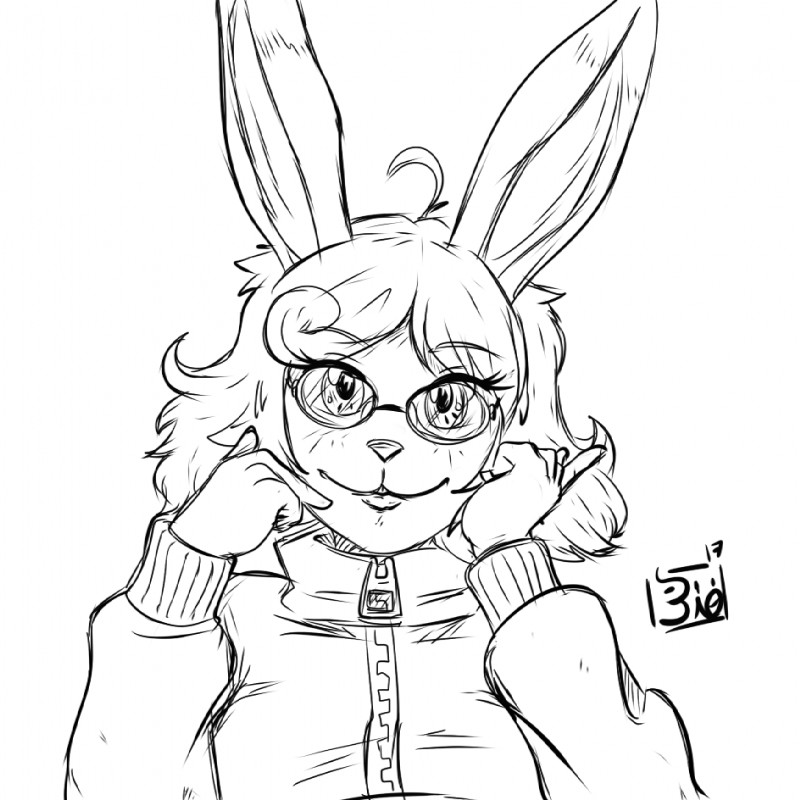 ahoge anthro clothed clothing eyewear female glasses hair looking_at_viewer open_mouth simple_background smile solo white_background meirune minty_(meirune) lagomorph leporid mammal rabbit 1:1 2017 monochrome sketch