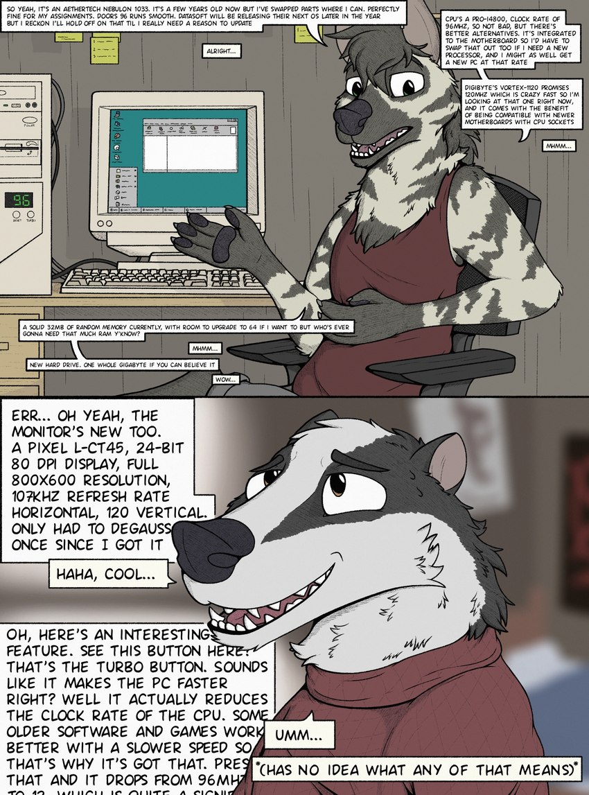 anthro clothing computer dialogue duo electronics female shirt teeth text topwear anothercolouranon badger mammal mustelid musteline absurd_res comic english_text hi_res