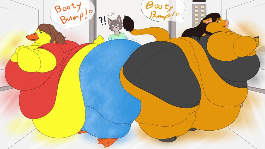 3_fingers 3_toes anthro ass_to_ass barefoot beak belly belly_rolls big_belly big_breasts big_butt black_hair black_tail_tuft blue_bottomwear blue_clothing blue_pants bottomwear breasts brown_hair butt cheek_tuft chubby_cheeks clothed clothed_anthro clothed_female clothed_male clothing crop_top dialogue double_chin ear_piercing ear_ring elevator exclamation_point eyelashes facial_tuft fat_arms feathers feet female female_anthro fingers fully_clothed fully_clothed_anthro fully_clothed_female fur green_clothing green_eyes green_shirt green_t-shirt green_topwear grey_body grey_bottomwear grey_clothing grey_crop_top grey_fur grey_hooves grey_shirt grey_skirt grey_topwear group hair hand_on_own_breast heart_symbol hooved_fingers hooves huge_belly huge_breasts huge_butt huge_thighs inside leaning_on_wall long_hair looking_at_another looking_back looking_back_at_another male male_anthro membrane_(anatomy) midriff morbidly_obese morbidly_obese_anthro morbidly_obese_female multicolored_body multicolored_fur navel navel_piercing navel_ring non-mammal_breasts obese obese_anthro obese_female orange_beak orange_body orange_fur orange_tail overweight overweight_anthro overweight_female pants piercing pink_inner_ear question_mark reflection ring_piercing shirt skirt speech_bubble standing surprised_expression t-shirt tail tail_tuft text thick_thighs thin_eyebrows toes topwear trio tuft two_tone_body two_tone_fur webbed_feet white_eyes yellow_body yellow_feathers yellow_tail terishaeilian kimberly_vega paige_elizabeth_turner anatid anseriform avian bird bovid bovine cattle domestic_cat duck felid feline felis mammal 2020 english_description english_text flat_colors hi_res