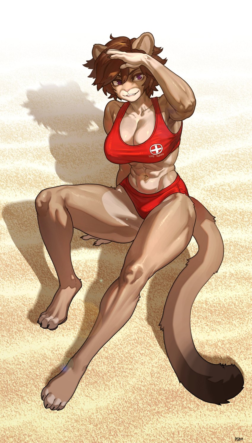 4_toes abs anthro big_breasts breasts brown_body brown_fur brown_hair brown_tail claws clothed clothed_anthro clothed_female clothing countershade_torso countershading day eyebrows feet female fingernails fingers front_view fur hair lifeguard lifeguard_swimsuit muscular muscular_anthro muscular_female nails navel outside purple_eyes red_clothing red_swimwear sand sitting smile solo swimwear tail teeth thick_thighs toe_claws toes topwear pgm300 olivia_morgan_(vex) cougar felid feline mammal 2025 absurd_res digital_media_(artwork) hi_res