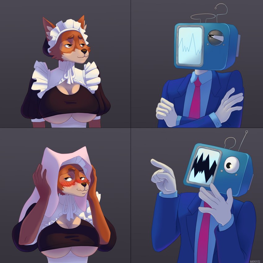 4_panel_comic anthro big_breasts blush breasts clothing duo electronics female for_a_head headgear headwear maid_headdress maid_uniform male male/female multicolored_body narrowed_eyes necktie open_mouth red_necktie screen screen_face squint suit surprised_expression television two_tone_body under_boob uniform nikkosha disney phineas_and_ferb robin_hood_(disney) kelnich maid_marian perry_the_platypus canid canine fox mammal object_head red_fox screen_head true_fox tv_head 1:1 absurd_res hi_res meme