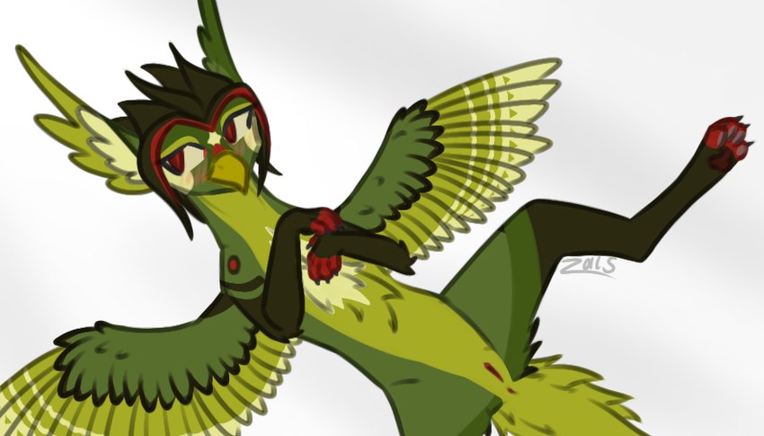 4_toes 5_fingers anus beak brown_hair brown_legs feathers feet female feral fingers genitals green_wings hair pussy red_eyes toes wings zalivkustsyganili mythology avian gryphon mythological_avian mythological_creature