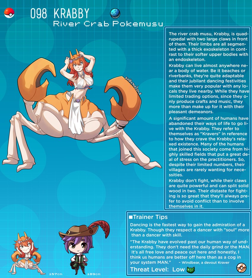 duo female hair horn male multi_leg multi_limb orange_hair pincers pokemorph purple_hair species_description species_sheet text text_box yellow_eyes kinkymation nintendo pokemon arthropod arthropod_taur crab crab_taur crustacean crustacean_taur decapoda generation_1_pokemon human krabby malacostracan mammal marine marine_taur pokemon_(species) taur english_text hi_res species_name