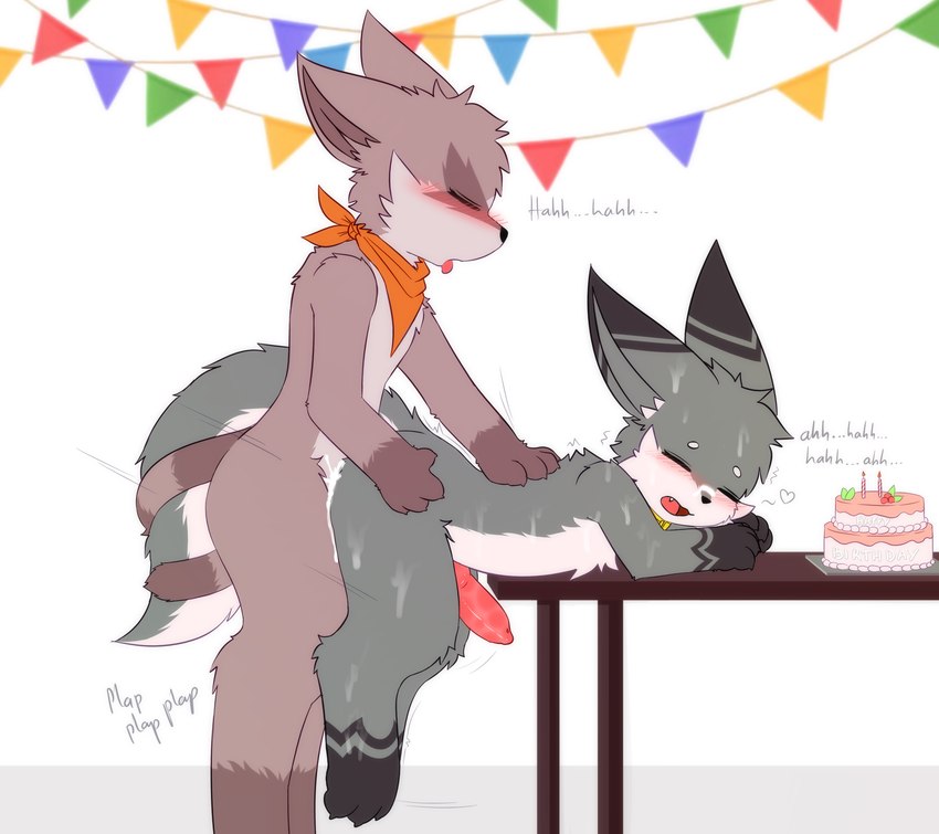 anal anal_penetration animal_genitalia animal_penis anthro banner birthday birthday_cake birthday_sex blush bodily_fluids cake candle canine_genitalia canine_penis claws cum cum_inside cum_on_body dessert duo entwined_tails eyes_closed fangs food from_behind_position furniture genital_fluids genitals hands_on_hips heart_symbol kerchief knot legs_in_air male male/male on_table open_mouth penetration penis scarf sex simple_background table tail tail_coil teeth text thrusting tongue tongue_out senz ancesra_(ancesra) sean_(senz) iradeon mammal procyonid raccoon absurd_res hi_res