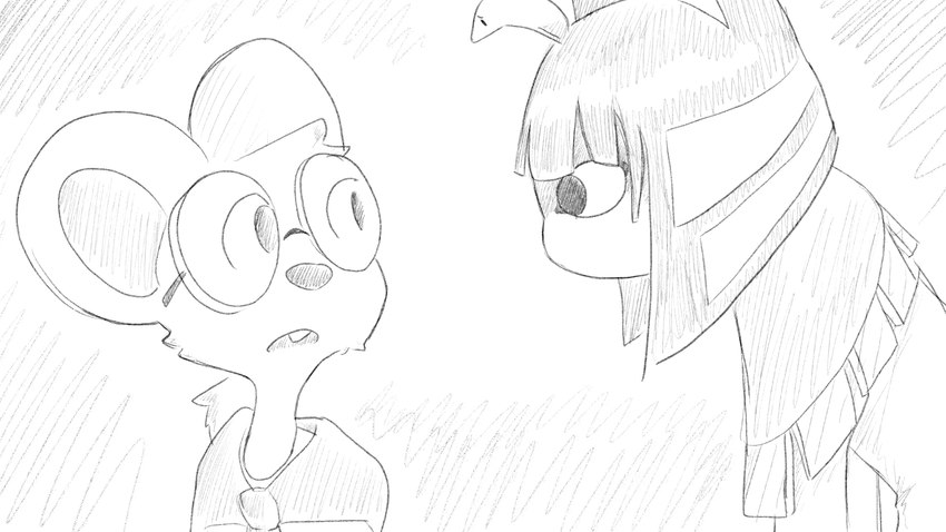 anthro clothed clothing duo eyewear female glasses round_glasses uraeus wearing_glasses worried dragonweirdo animal_crossing nintendo ankha_(animal_crossing) petri_(animal_crossing) domestic_cat felid feline felis mammal mouse murid murine rodent 16:9 dialogue_in_description greyscale hi_res monochrome widescreen