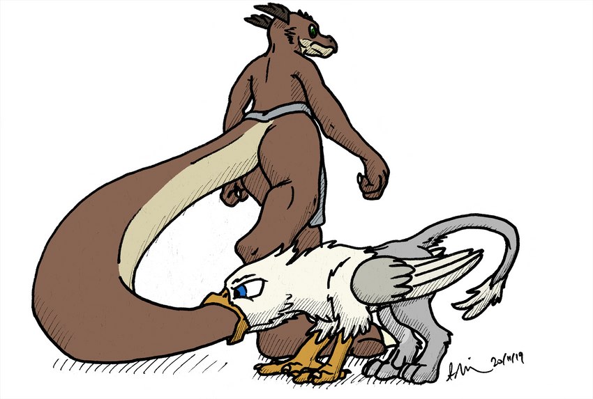 anthro anthro_prey biped brown_body claws countershading duo feathered_wings feathers feral feral_pred green_eyes horn male male_pred male_prey micro oral_vore size_difference smaller_pred tan_body vore wings doesnotexist nirvash mythology bryce_daeless der avian gryphon kobold mythological_avian mythological_creature scalie digital_media_(artwork) hi_res