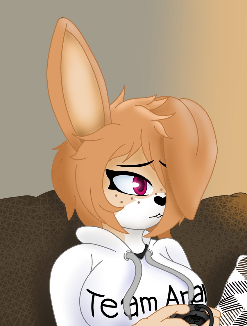 anthro big_breasts breasts buckteeth clothing controller female freckles fur game_controller hair hoodie orange_hair purple_eyes solo tan_body tan_fur teeth topwear thespeedyraisin scott_the_woz mokka_(thespeedyraisin) lagomorph leporid mammal rabbit absurd_res hi_res meme