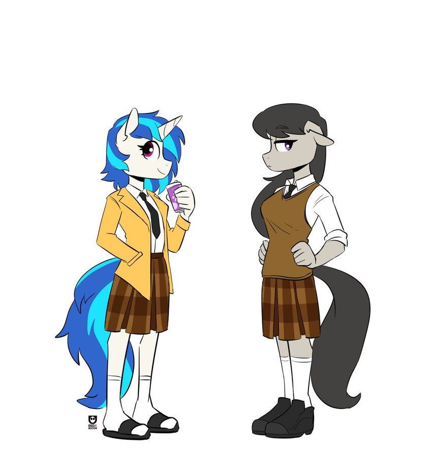 anthro beverage_can black_hair black_tail blue_hair blue_tail bottomwear clothing duo female footwear hair horn knee_highs knee_socks legwear purple_eyes sandals school_uniform shoes simple_background skirt socks socks_with_sandals tail uniform white_background young young_anthro redxbacon friendship_is_magic hasbro my_little_pony mythology octavia_(mlp) vinyl_scratch_(mlp) earth_pony equid equine horse mammal mythological_creature mythological_equine pony unicorn hi_res