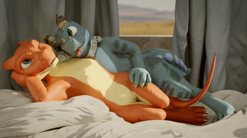 anthro anthro_on_anthro bed claws collar day duo female furniture genitals light lock lying lying_on_bed male male/female nude on_bed padlocked_collar pussy smile tail tongue veo ruby_(veo) toren kobold lizard reptile scalie 16:9 2020 3d_(artwork) digital_media_(artwork) hi_res widescreen