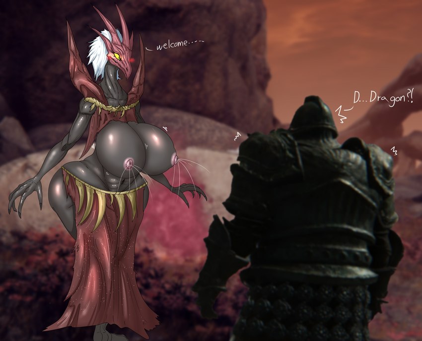 anthro areola armor big_breasts big_butt blush blush_lines bodily_fluids breasts butt claws clothed clothing curvy_figure dialogue duo female hair horn lactating milk navel nipples skimpy text thick_thighs voluptuous wide_hips yellow_eyes vf-01s elden_ring fromsoftware mythology ancient_dragon_florissax tarnished_(elden_ring) animal_humanoid dragon dragon_humanoid humanoid mythological_creature mythological_scalie scalie english_text hi_res