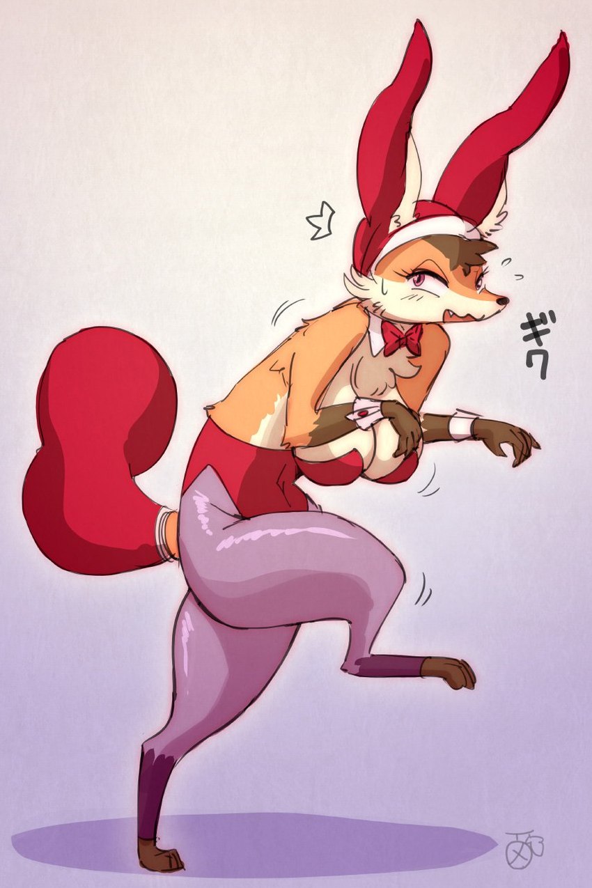 big_breasts bodily_fluids bow_(feature) bow_tie breasts bunny_costume cleavage clothed clothing costume digitigrade eyelashes fake_ears fake_rabbit_ears female leg_markings legwear looking_at_viewer markings pantyhose semi-anthro simple_background socks_(marking) solo sweat walking melonleaf canid canine fox mammal hi_res