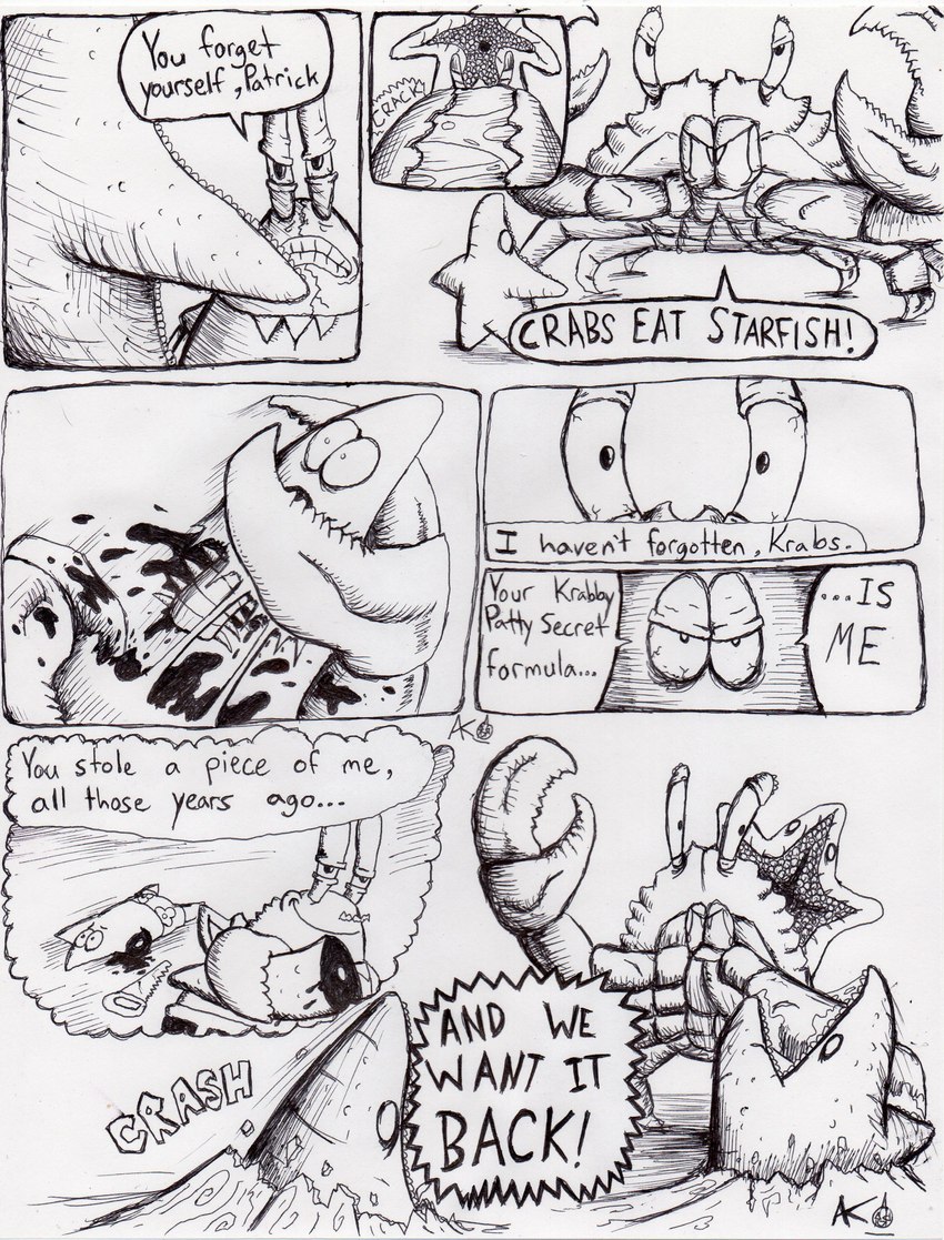 anthro blood bodily_fluids clothing dialogue feral gore male pincers pupils shirt speech_bubble spine text topwear transformation violence stillinthesimulation nickelodeon spongebob_squarepants mr._krabs patrick_star arthropod asterozoan crab crustacean decapoda echinoderm malacostracan marine starfish absurd_res comic english_text hi_res