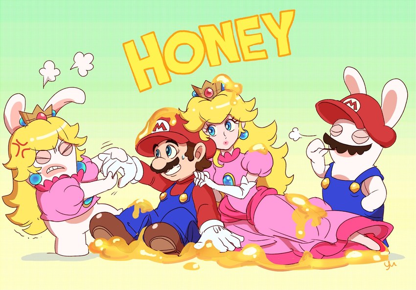 armwear blonde_hair brown_hair clothed clothing crown dress elbow_gloves facial_hair female food gloves group hair handwear hat headgear headwear honey_(food) long_hair male mustache overalls pink_clothing pink_dress white_clothing white_gloves white_handwear agua_mp mario_bros mario_plus_rabbids_kingdom_battle nintendo raving_rabbids rayman_(series) ubisoft mario princess_peach rabbid_mario rabbid_peach human lagomorph mammal rabbid crossover hi_res