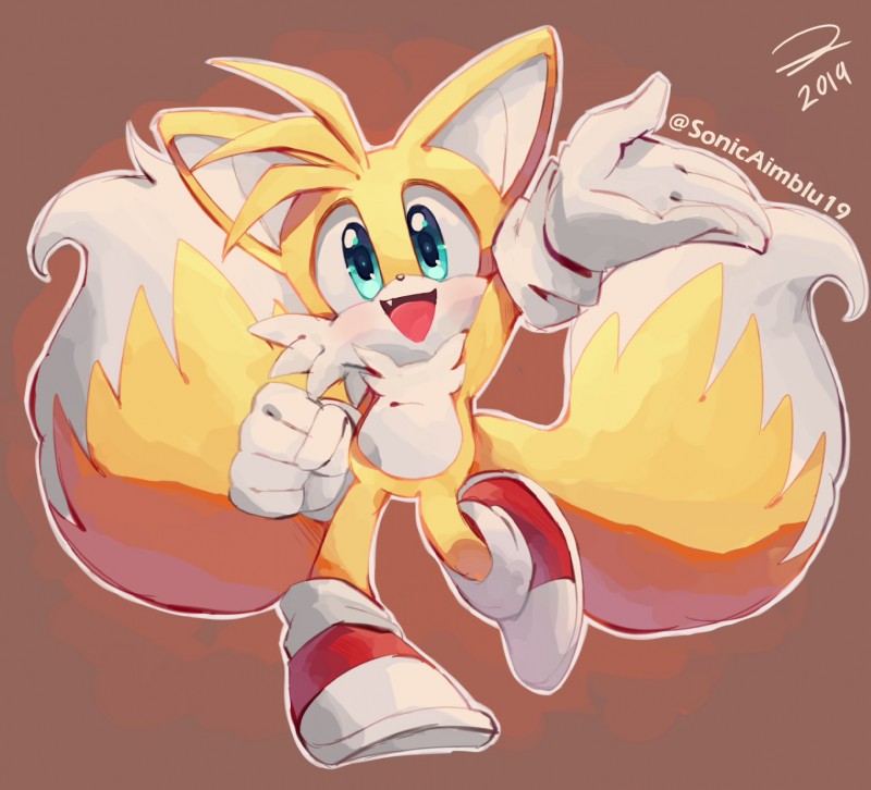 anthro blue_eyes clothing dipstick_tail footwear fur gloves handwear male markings multicolored_tail open_mouth open_smile smile solo tail tail_markings white_body white_fur yellow_body yellow_fur sonicaimblu19 sega sonic_the_hedgehog_(series) miles_prower canid canine fox mammal 2019 hi_res signature