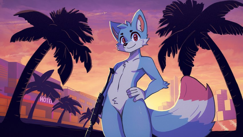 aircraft airplane anthro blue_body blue_fur building city city_background cloud detailed_background dipstick_tail femboy fluffy fluffy_tail fur gun hotel male markings miami palm_tree pink_eyes pink_tail_tip plant ranged_weapon smile solo standing submachine_gun sunset tail tail_markings tree uzi vehicle weapon noxy_uwu grand_theft_auto grand_theft_auto:_vice_city grand_theft_auto_v rockstar_games umkashka canid canine canis domestic_cat domestic_dog felid feline felis fox mammal wolf hi_res wallpaper